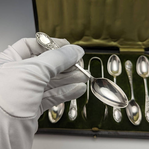 英国アンティーク シルバープレート製ティースプーン6本&トングセット ケース入り